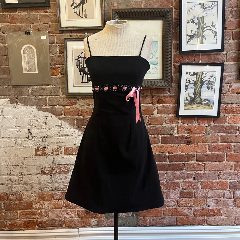 Pulse Y2k Black Pink Ribbon Beaded Empire Waist Mini Dress Tulle Bow - Large